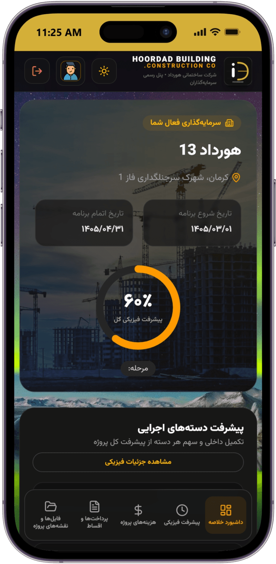 داشبورد پروژه در پنل سرمایه‌گذاران هورداد